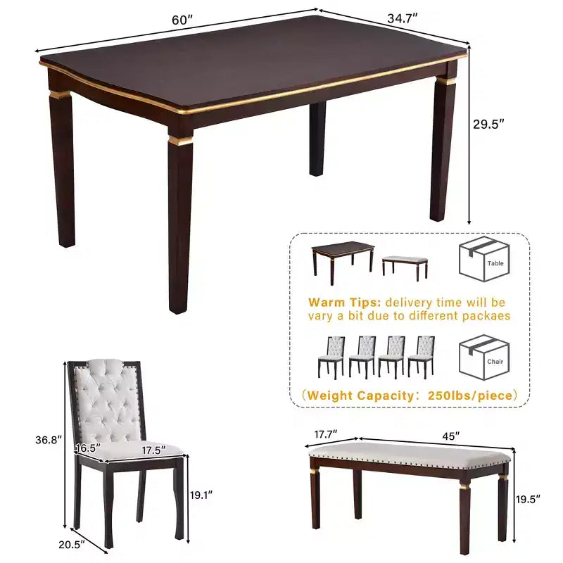 Ensemble de salle à manger rétro 6 pièces, table rectangulaire en bois et 4 chaises capitonnées à dossier haut et 1 banc