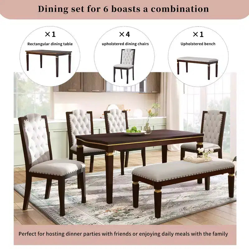 Ensemble de salle à manger rétro 6 pièces, table rectangulaire en bois et 4 chaises capitonnées à dossier haut et 1 banc