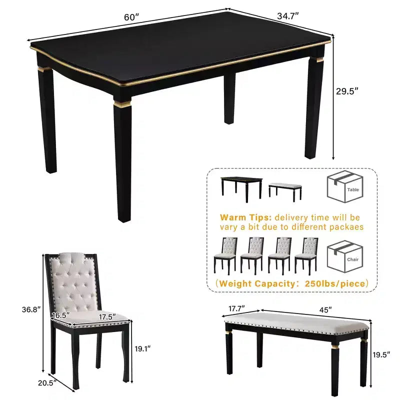 Ensemble de salle à manger rétro 6 pièces, table rectangulaire en bois et 4 chaises capitonnées à dossier haut et 1 banc