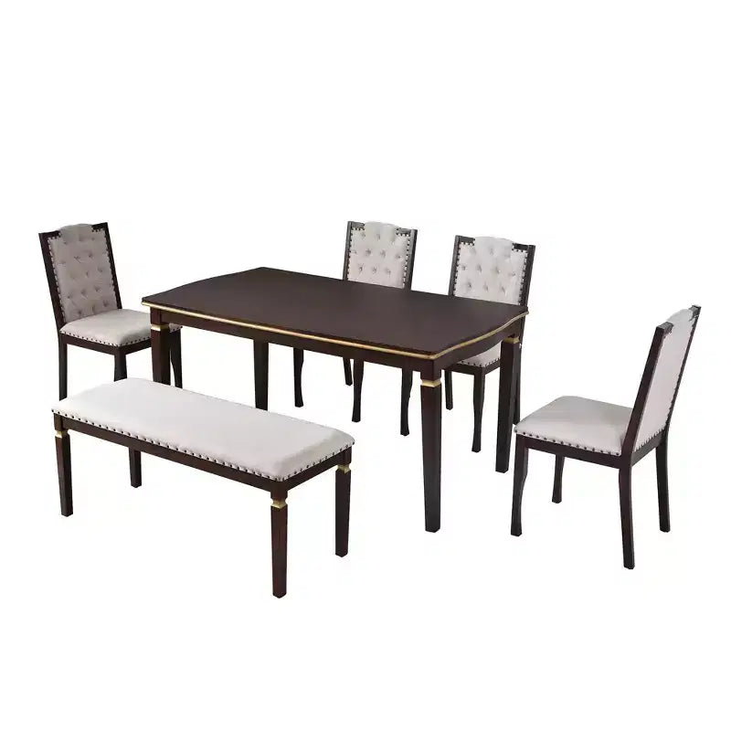 Ensemble de salle à manger rétro 6 pièces, table rectangulaire en bois et 4 chaises capitonnées à dossier haut et 1 banc