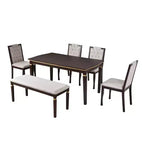 Ensemble de salle à manger rétro 6 pièces, table rectangulaire en bois et 4 chaises capitonnées à dossier haut et 1 banc