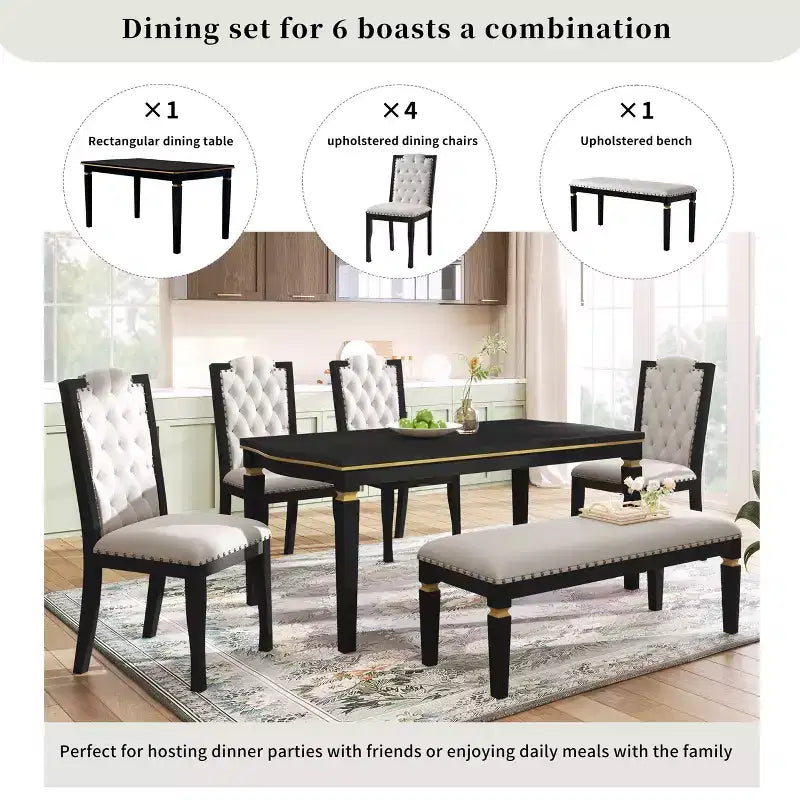 Ensemble de salle à manger rétro 6 pièces, table rectangulaire en bois et 4 chaises capitonnées à dossier haut et 1 banc