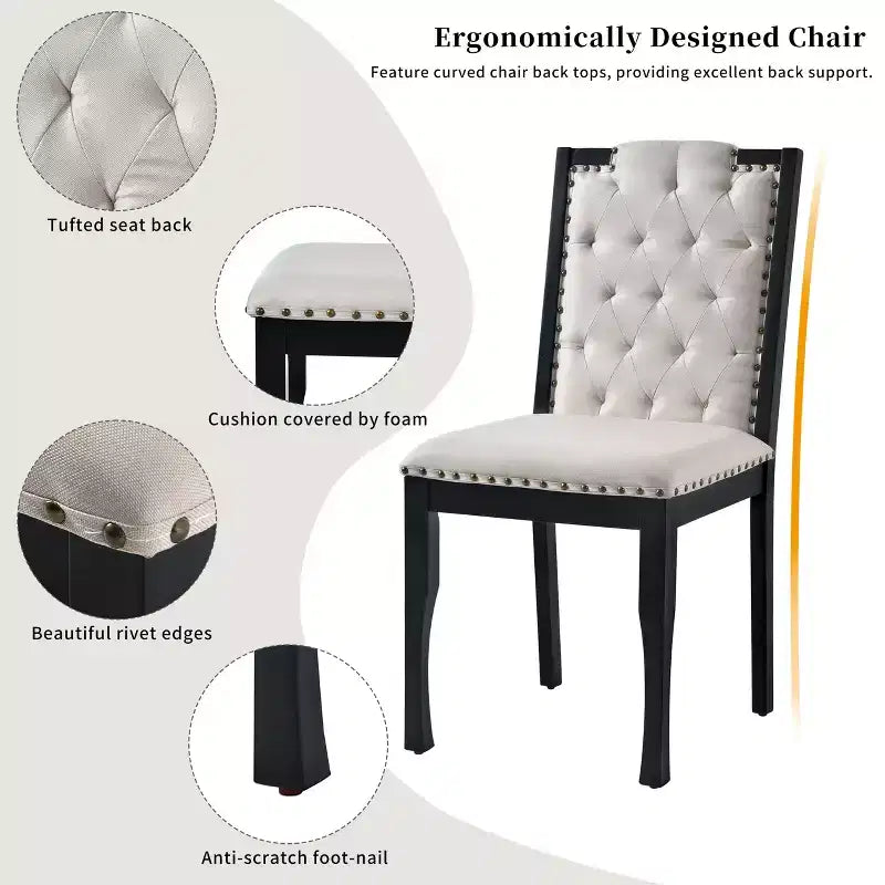 Ensemble de salle à manger rétro 6 pièces, table rectangulaire en bois et 4 chaises capitonnées à dossier haut et 1 banc