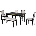 Ensemble de salle à manger rétro 6 pièces, table rectangulaire en bois et 4 chaises capitonnées à dossier haut et 1 banc