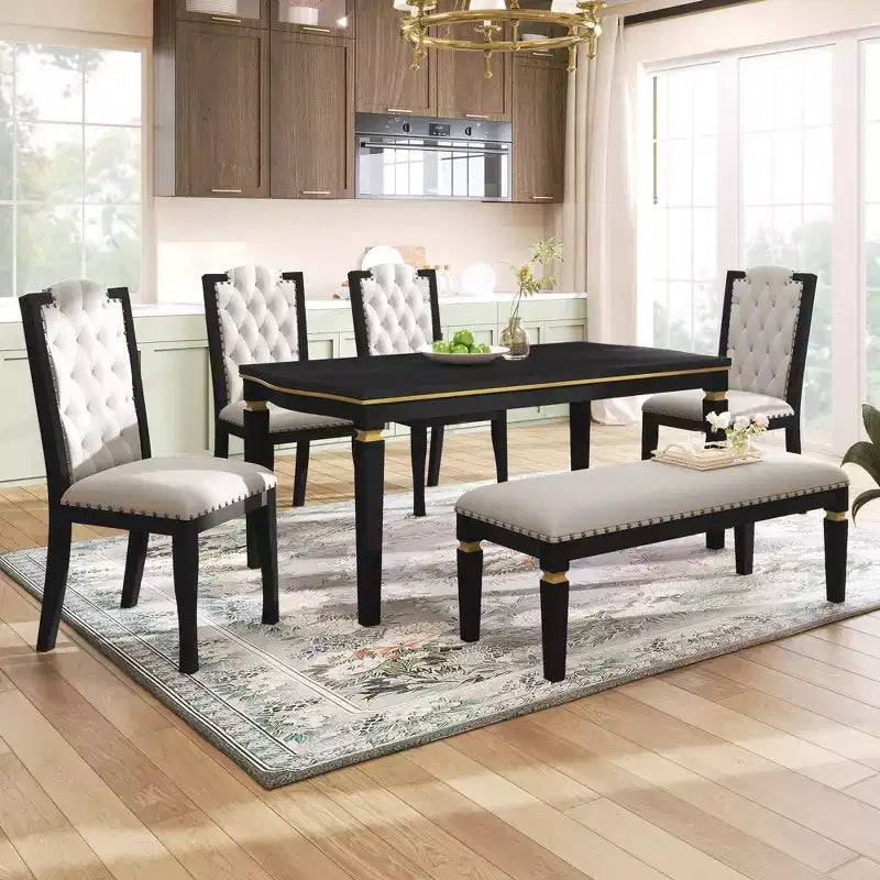 Retro 6 Pieces Kitchen Dining Table Set, Wood Rectangular Table and 4 High-Back Tufted Chairs & 1 Bench