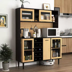 Meuble de cuisine en bois Okak 71H avec portes vitrées et support pour micro-ondes, buffet pour cuisine ou salle à manger