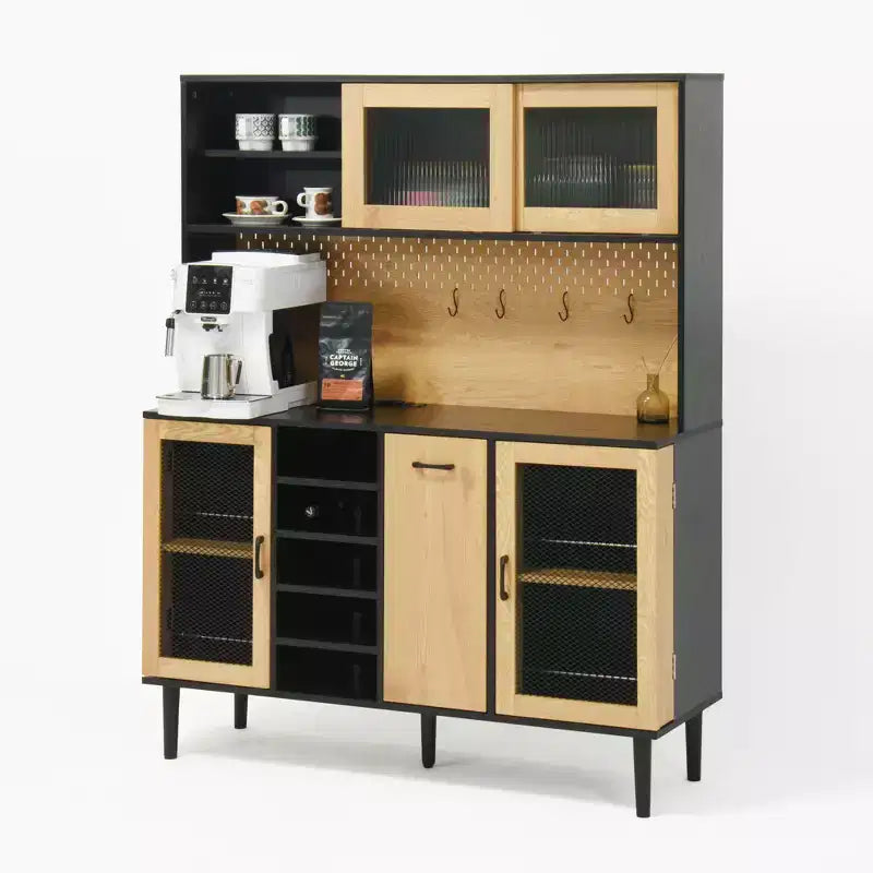 Meuble de cuisine en bois Okak 71H avec portes vitrées et support pour micro-ondes, buffet pour cuisine ou salle à manger