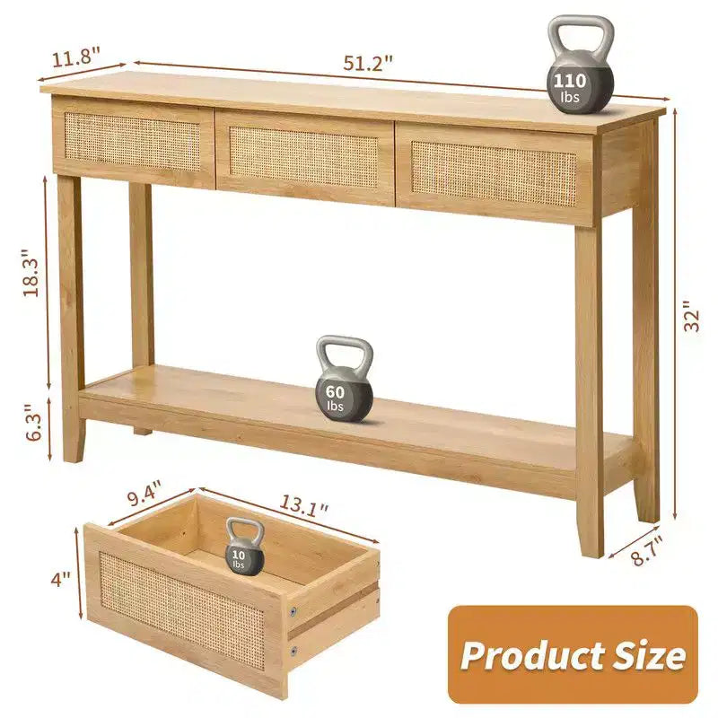 Console d'entrée en rotin en bois MDF à 2 niveaux et 3 tiroirs 130*30*81cm