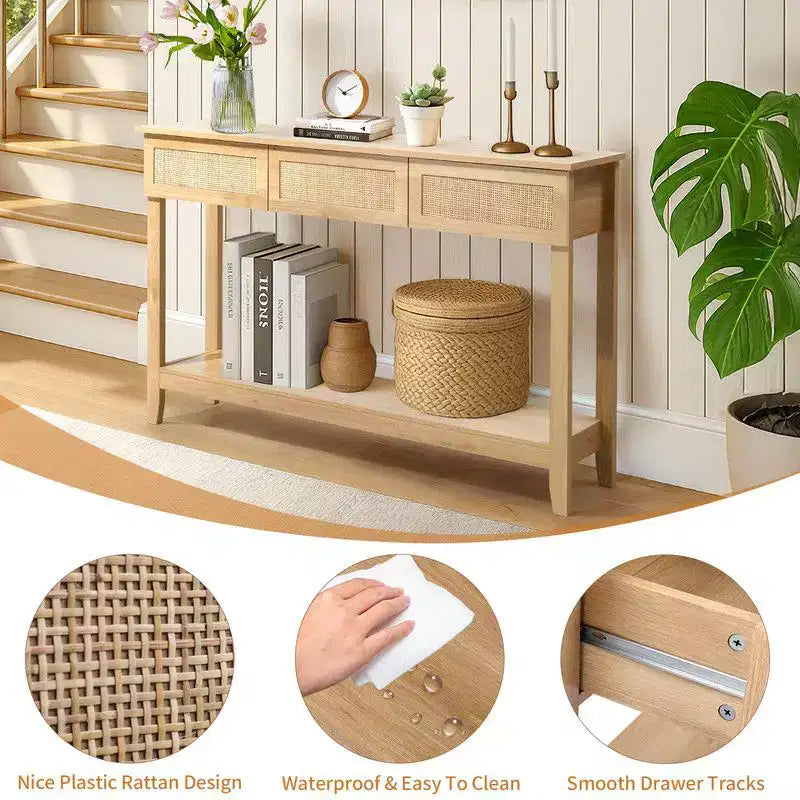 Console d'entrée en rotin en bois MDF à 2 niveaux et 3 tiroirs 130*30*81cm