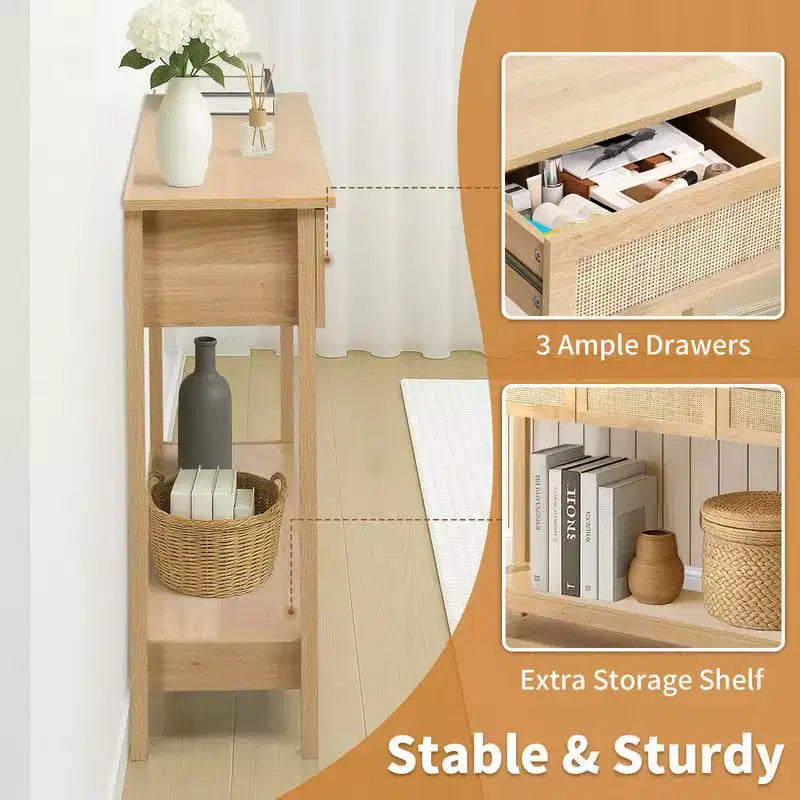 Console d'entrée en rotin en bois MDF à 2 niveaux et 3 tiroirs 130*30*81cm