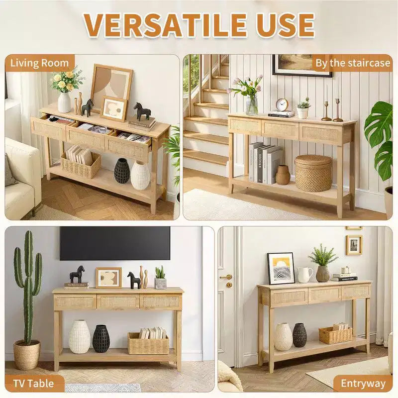Console d'entrée en rotin en bois MDF à 2 niveaux et 3 tiroirs 130*30*81cm