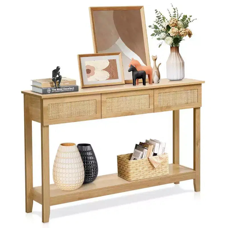Console d'entrée en rotin en bois MDF à 2 niveaux et 3 tiroirs 130*30*81cm