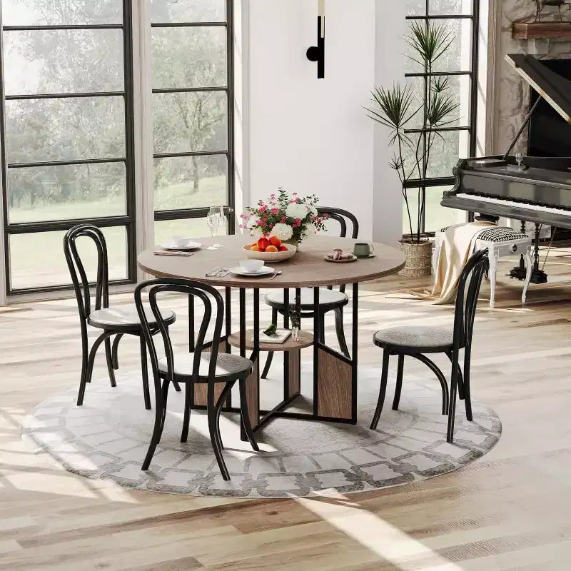 Table à manger ronde de 151,4 cm pour 4-6 personnes, style industriel avec étagère de rangement et base en croix en métal