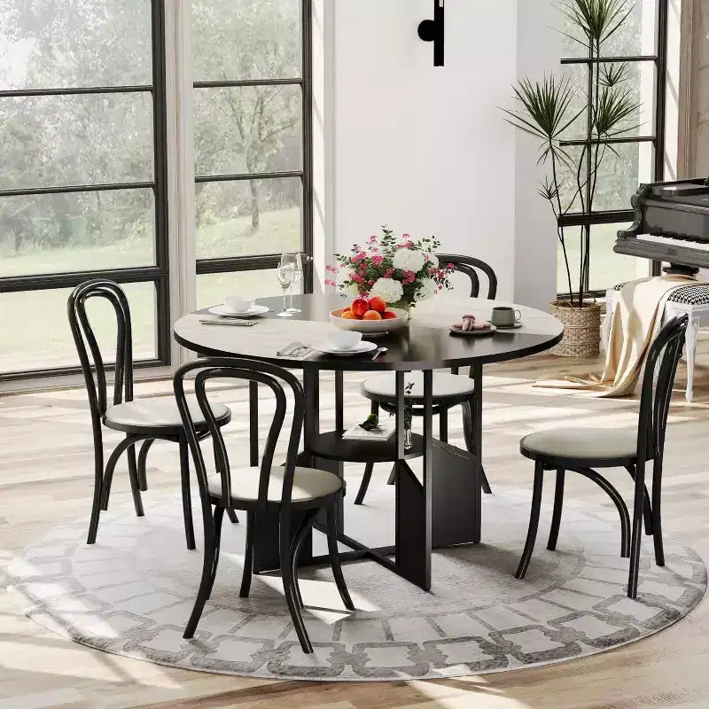 Table à manger ronde de 151,4 cm pour 4-6 personnes, style industriel avec étagère de rangement et base en croix en métal