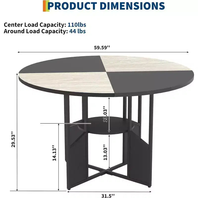 Table à manger ronde de 151,4 cm pour 4-6 personnes, style industriel avec étagère de rangement et base en croix en métal