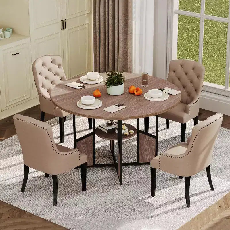 Table à manger ronde de 151,4 cm pour 4-6 personnes, style industriel avec étagère de rangement et base en croix en métal