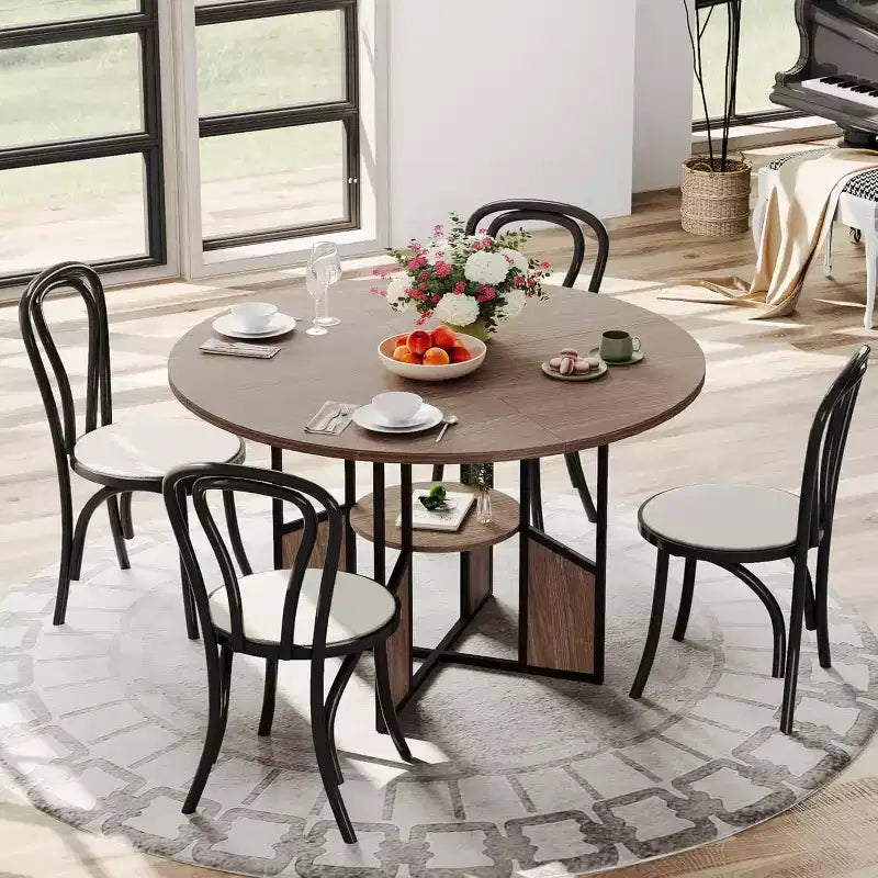 Table à manger ronde de 151,4 cm pour 4-6 personnes, style industriel avec étagère de rangement et base en croix en métal