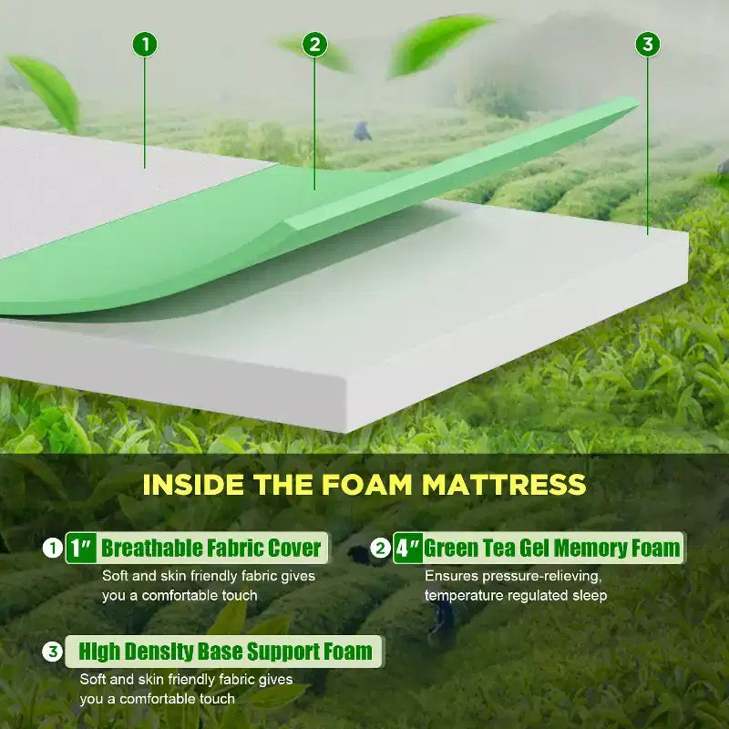 Matelas en mousse à mémoire de forme de 5 pouces infusé de gel et enrichi à l'extrait de thé vert