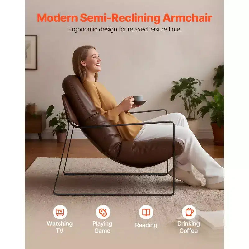 Fauteuil d'appoint moderne en cuir PU avec coussin en mousse et cadre métallique – Marron