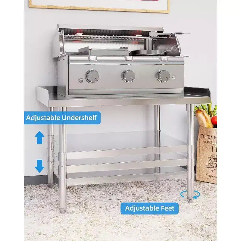 Table de préparation commerciale en acier inoxydable, table de travail robuste 28x48, étagère inférieure et rehausses latérales réglables, pour cuisine de restaurant, service alimentaire
