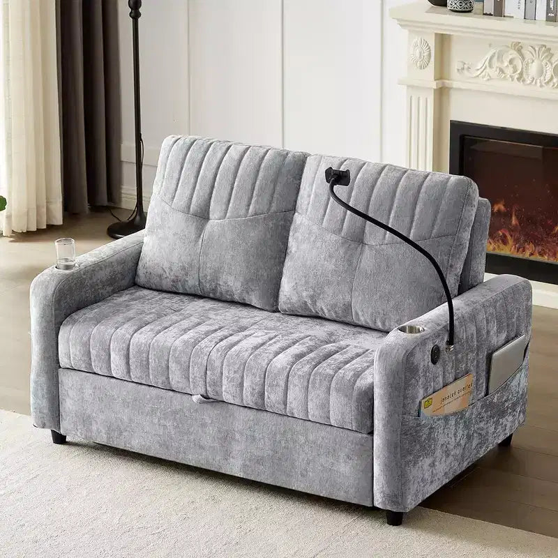 Canapé convertible de 137 cm avec dossier réglable, ports USB et poches de rangement latérales