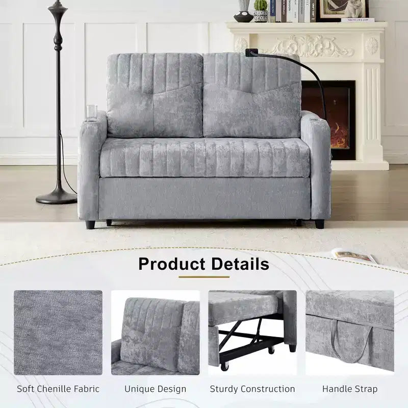 Canapé convertible de 137 cm avec dossier réglable, ports USB et poches de rangement latérales