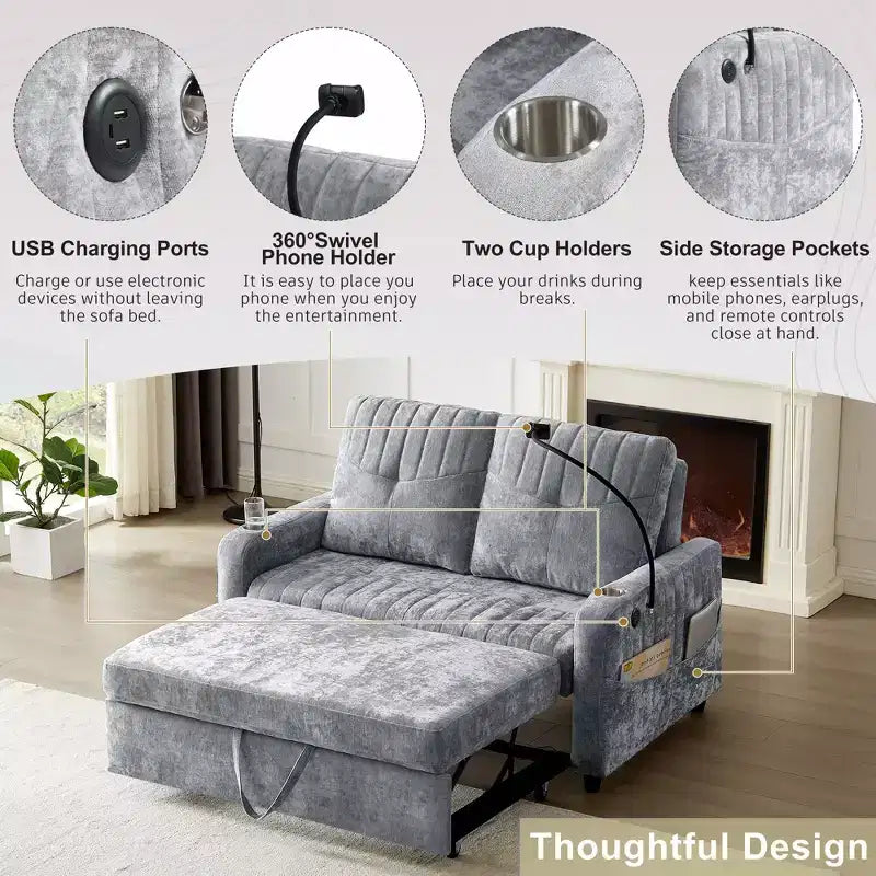 Canapé convertible de 137 cm avec dossier réglable, ports USB et poches de rangement latérales