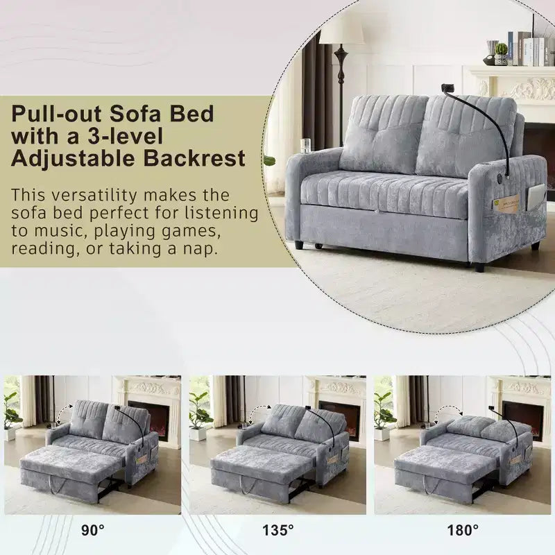 Canapé convertible de 137 cm avec dossier réglable, ports USB et poches de rangement latérales