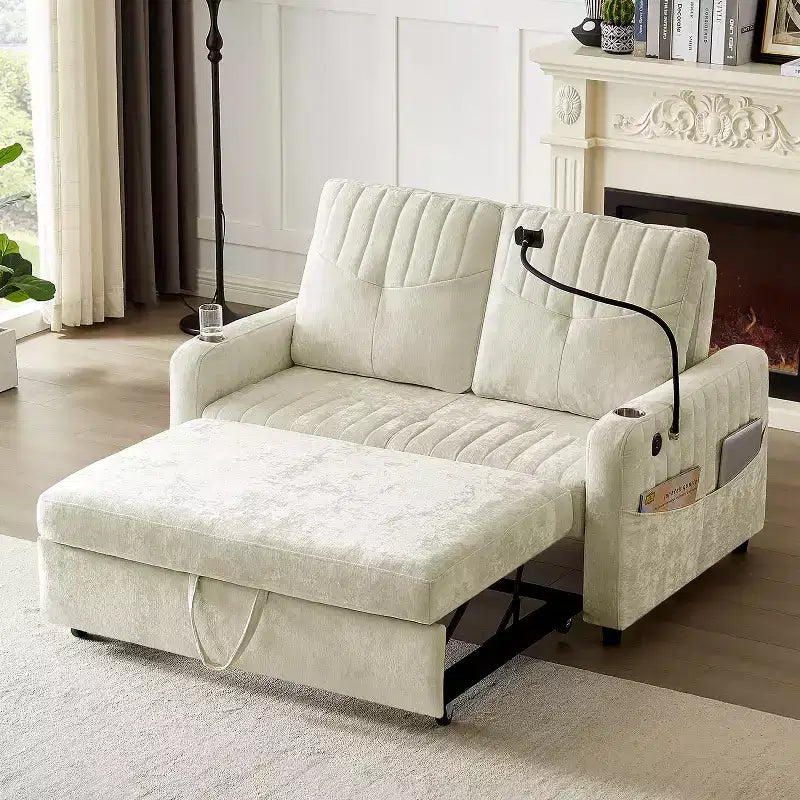Canapé convertible de 137 cm avec dossier réglable, ports USB et poches de rangement latérales
