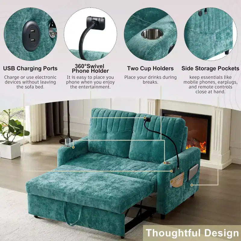 Canapé convertible de 137 cm avec dossier réglable, ports USB et poches de rangement latérales