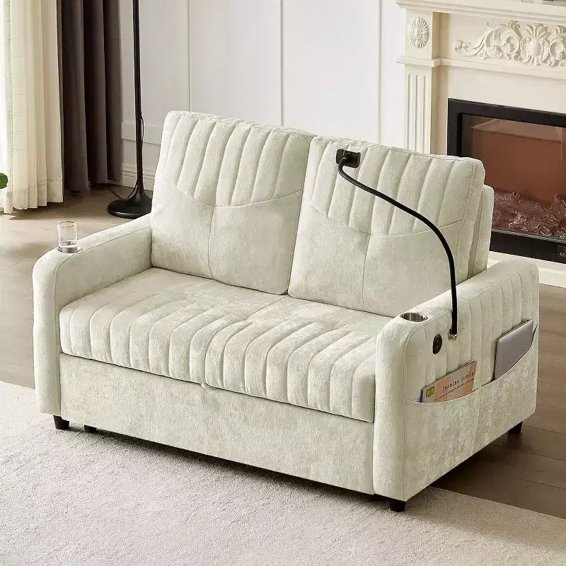 Canapé convertible de 137 cm avec dossier réglable, ports USB et poches de rangement latérales