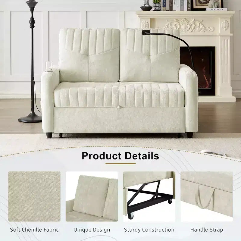 Canapé convertible de 137 cm avec dossier réglable, ports USB et poches de rangement latérales