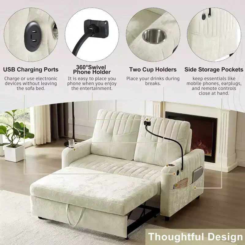 Canapé convertible de 137 cm avec dossier réglable, ports USB et poches de rangement latérales