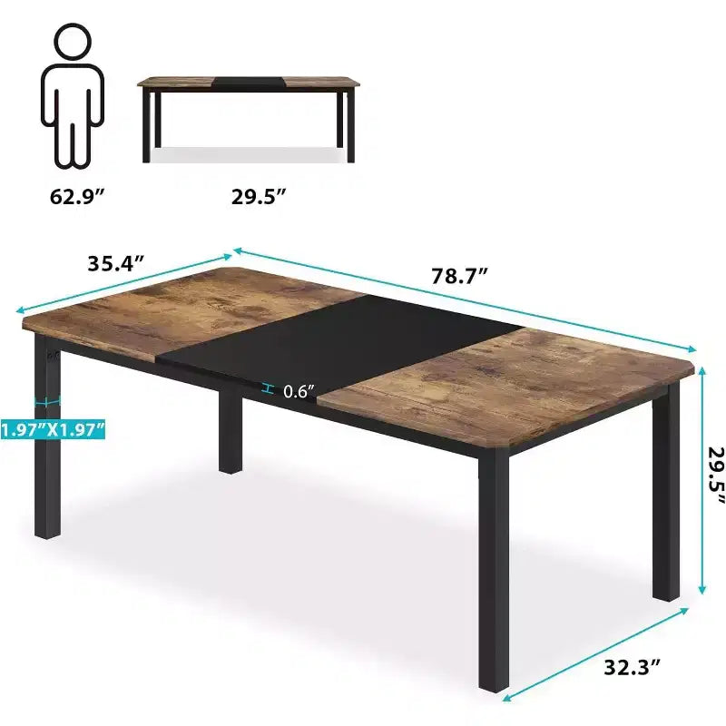 Table de salle à manger industrielle 78 pouces - Table de cuisine pour 6-8 personnes, Table rectangulaire en bois pour salle à manger