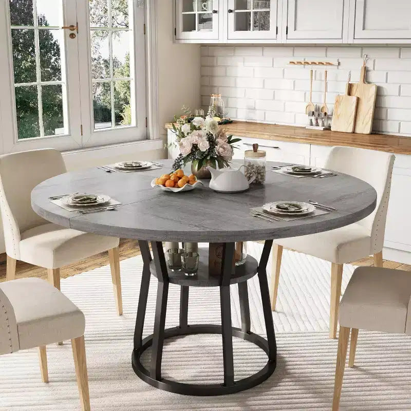 Table à manger ronde pour 4-6 personnes, table de cuisine de ferme ronde de 120 cm avec rangement pour salle à manger, salon, salle de réunion, appartement