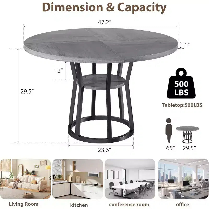 Table à manger ronde pour 4-6 personnes, table de cuisine de ferme ronde de 120 cm avec rangement pour salle à manger, salon, salle de réunion, appartement