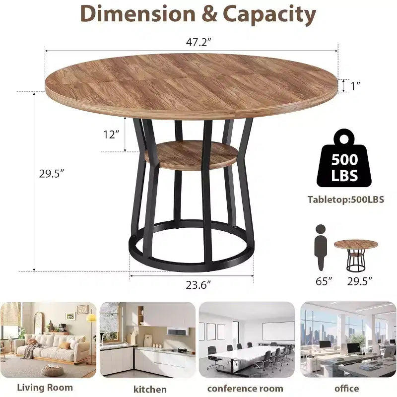 Table à manger ronde pour 4-6 personnes, table de cuisine de ferme ronde de 120 cm avec rangement pour salle à manger, salon, salle de réunion, appartement