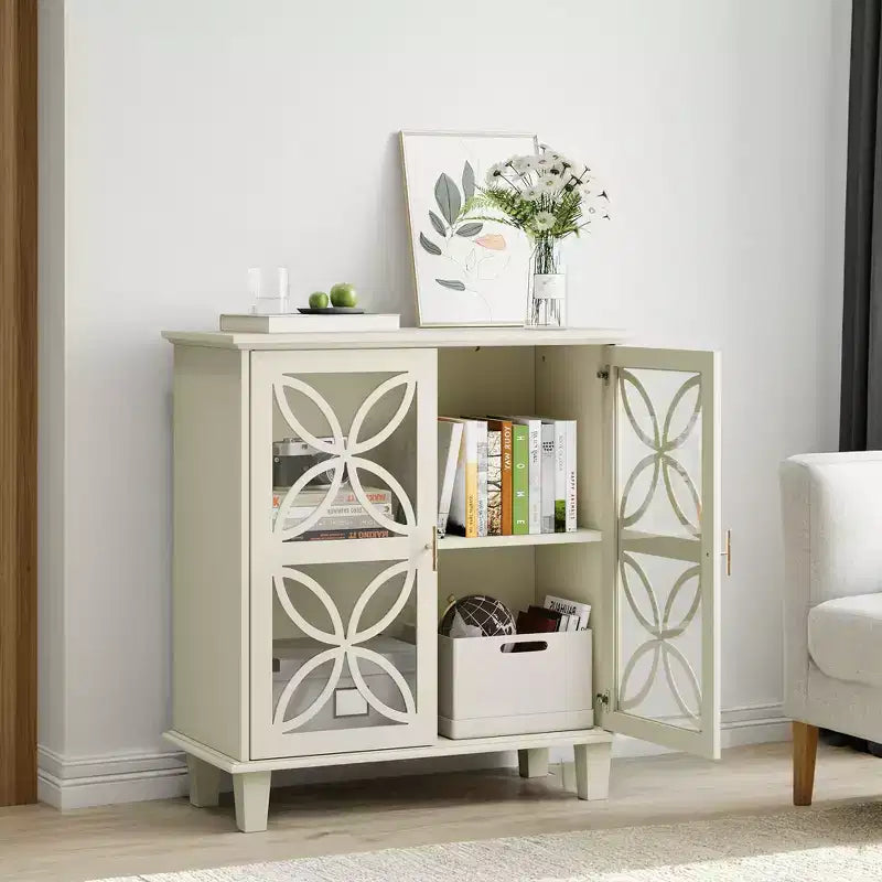 Buffet autoportant avec portes vitrées, étagère réglable, crème