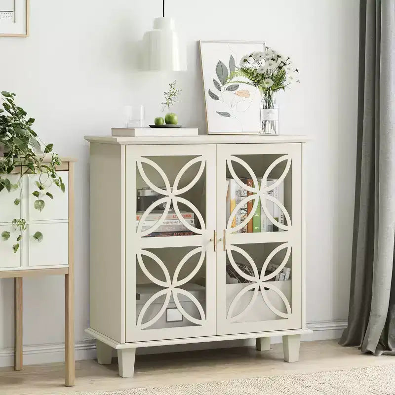 Buffet autoportant avec portes vitrées, étagère réglable, crème