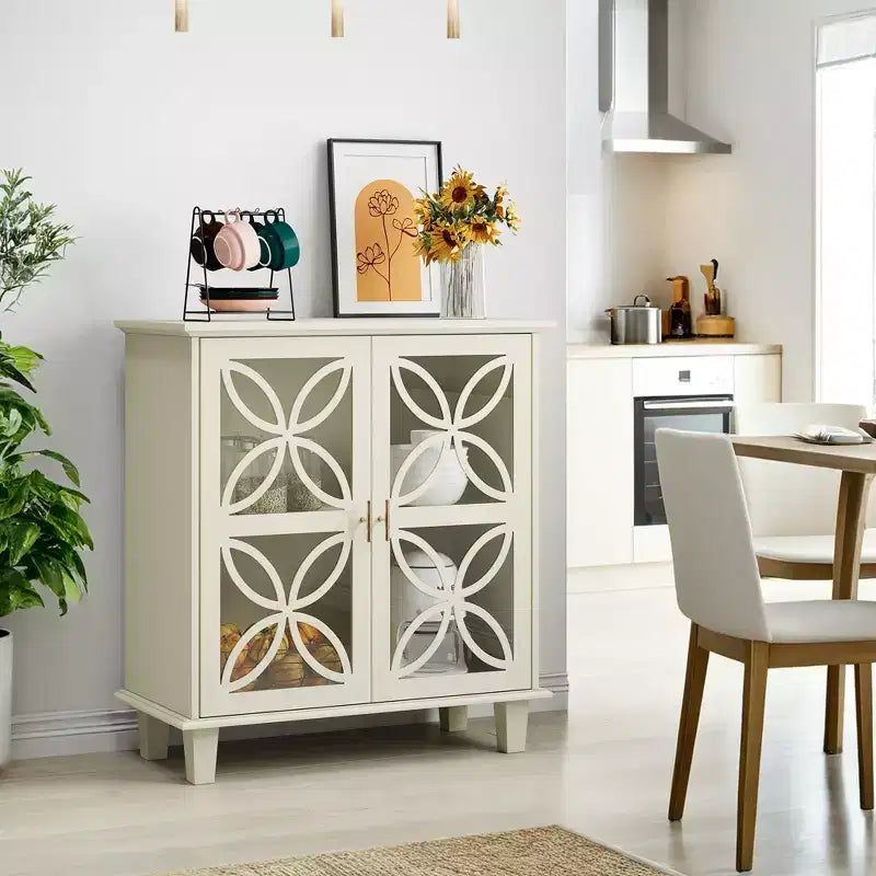 Buffet autoportant avec portes vitrées, étagère réglable, crème