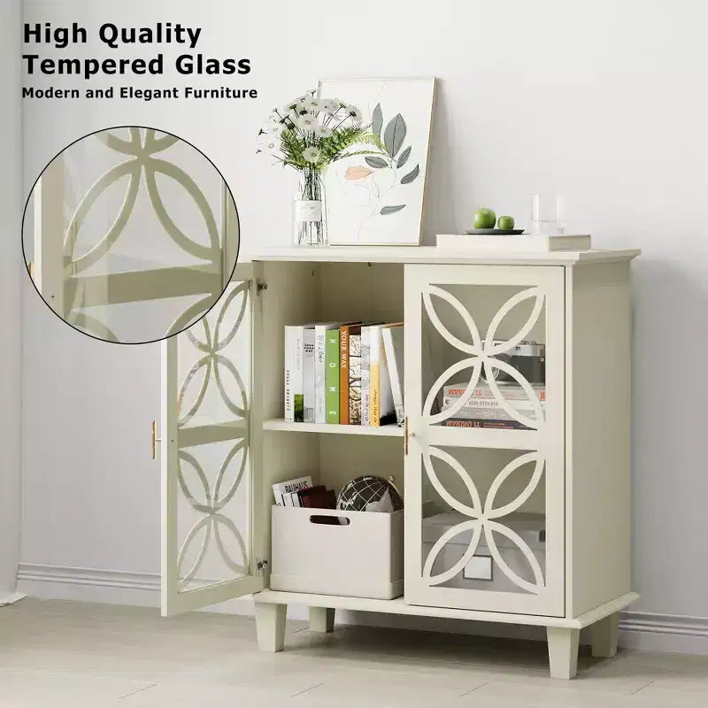 Buffet autoportant avec portes vitrées, étagère réglable, crème