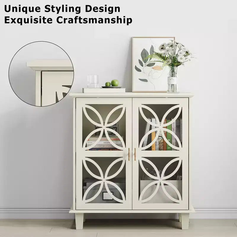 Buffet autoportant avec portes vitrées, étagère réglable, crème