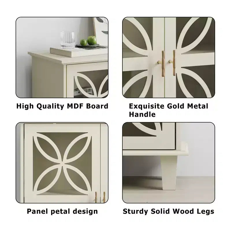 Buffet autoportant avec portes vitrées, étagère réglable, crème