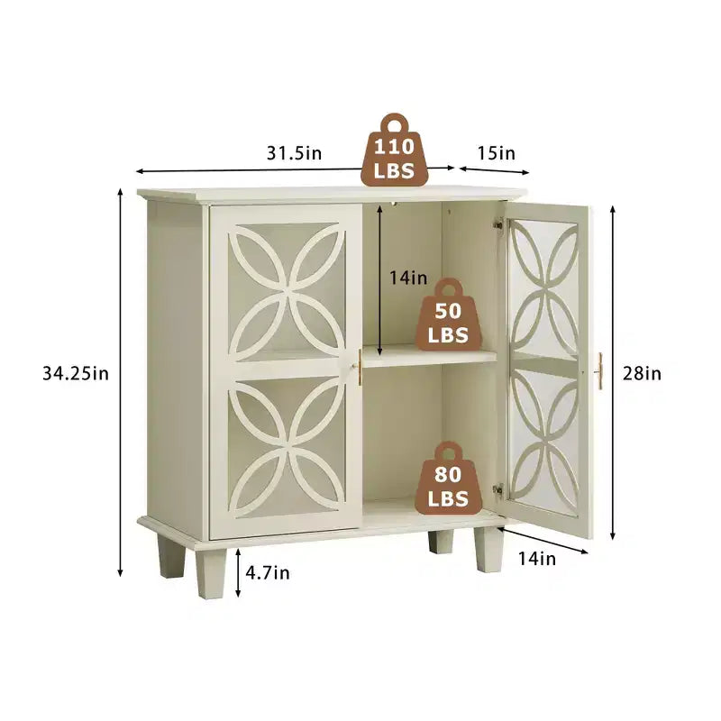 Buffet autoportant avec portes vitrées, étagère réglable, crème