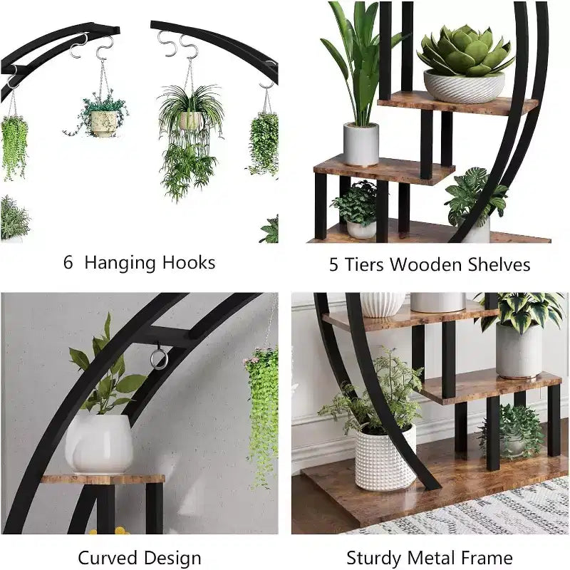 Support à plantes rond en métal à 5 niveaux avec crochets de suspension