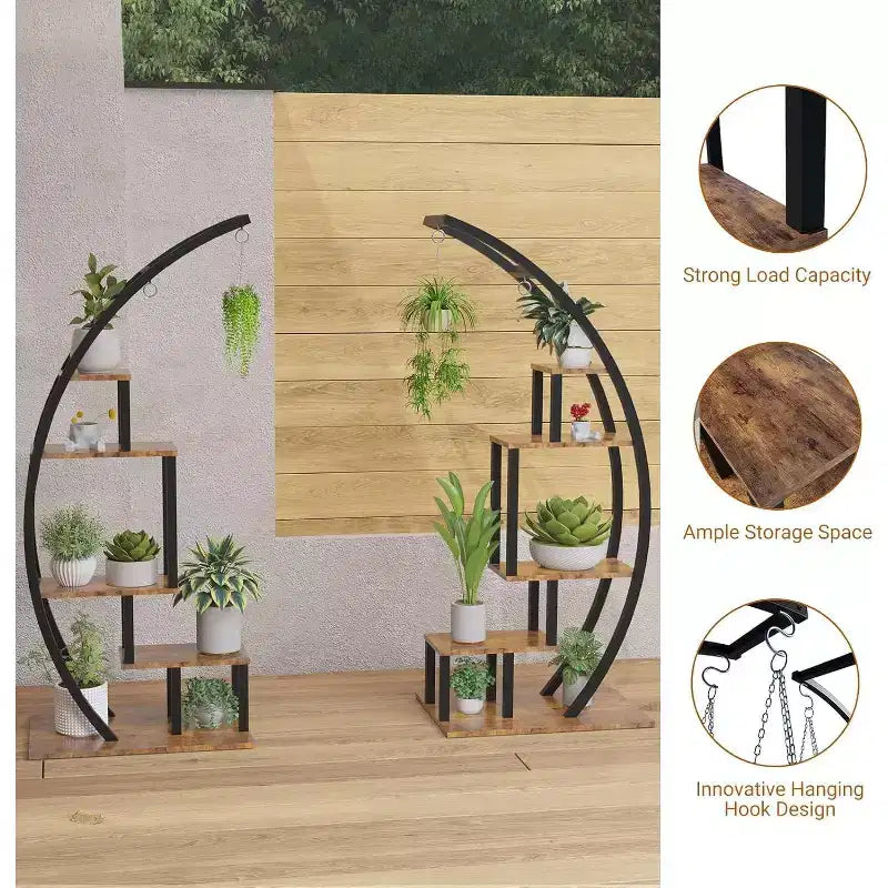 Support à plantes rond en métal à 5 niveaux avec crochets de suspension