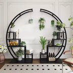 5-Tier Round Plant Stand, Half Moon Shape Indoor Metal Plant Holder, Flower Shelf Rack With 4 Hanging Hooks for Home Balcony Living Room Garden Decor