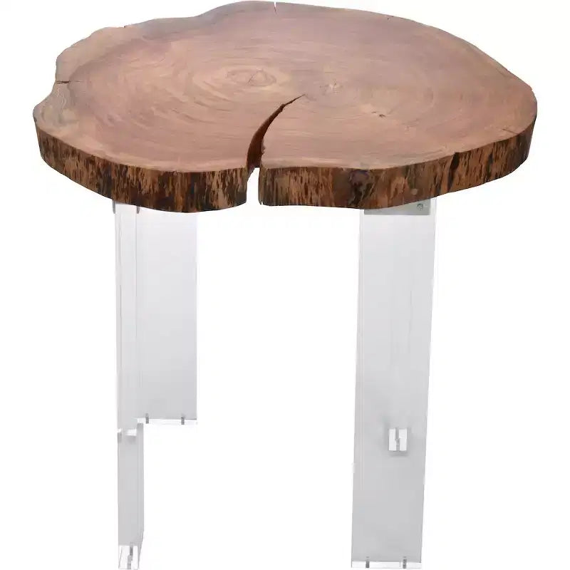 Table d'appoint en bois d'acacia brut avec pieds en acrylique