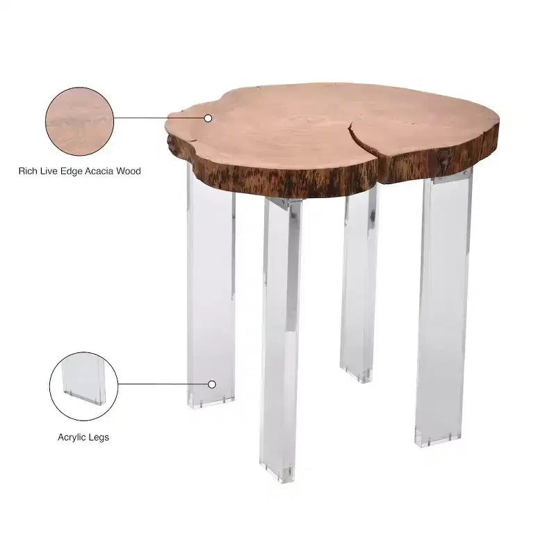 Table d'appoint en bois d'acacia brut avec pieds en acrylique