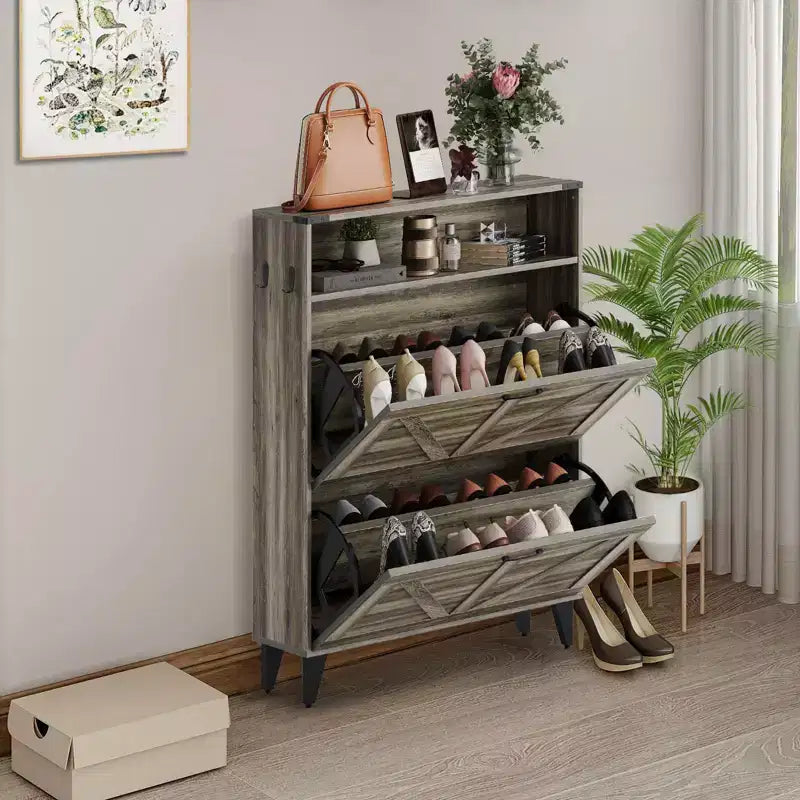 Meuble de rangement à chaussures mince avec 2 tiroirs basculants, organiseur de chaussures étroit autoportant pour entrée, couloir ou vestibule